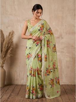 Nyri - New Trendy Linen Printed Saree with Unstitched Blouse - Green