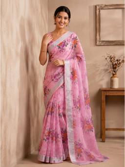Nyri - New Trendy Linen Printed Saree with Unstitched Blouse - Pink