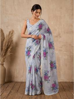 Nyri - New Trendy Linen Printed Saree with Unstitched Blouse - Grey