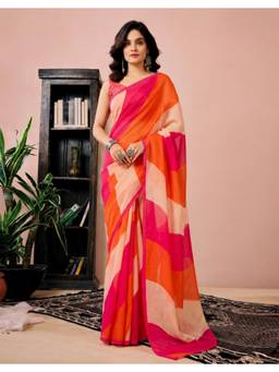 Nyri - New Trendy Linen Printed Saree with Unstitched Blouse - Orange