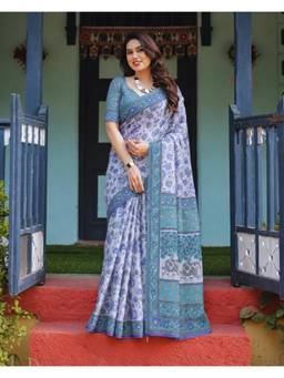 Nyri - New Trendy Linen Printed Saree with Unstitched Blouse - Blue