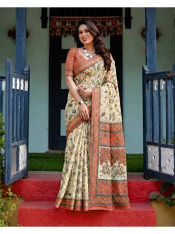 Nyri - New Trendy Linen Printed Saree with Unstitched Blouse - Orange