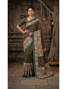 Nyri - New Trendy Linen Printed Saree with Unstitched Blouse - Green