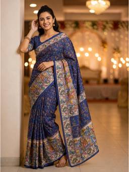 Nyri - New Trendy Linen Printed Saree with Unstitched Blouse - Navy Blue
