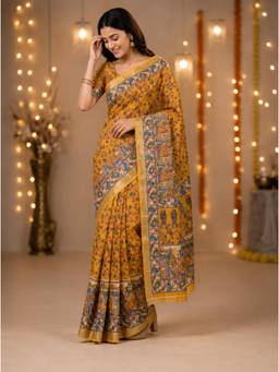 Nyri - New Trendy Linen Printed Saree with Unstitched Blouse - Yellow