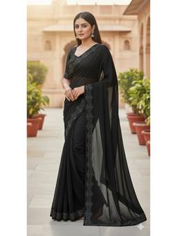 Nyri - New Trendy Stone Designer Saree with Unstitched Blouse - Black