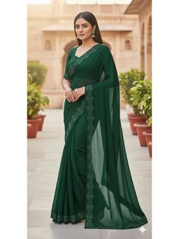 Nyri - New Trendy Stone Designer Saree with Unstitched Blouse - Green