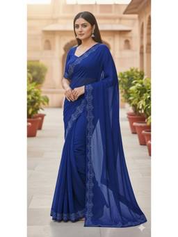 Nyri - New Trendy Stone Designer Saree with Unstitched Blouse - Blue