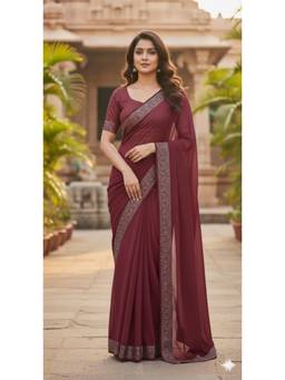 Nyri - New Trendy Stone Designer Saree with Unstitched Blouse - Maroon