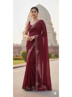 Nyri - New Trendy Stone Designer Saree with Unstitched Blouse - Maroon