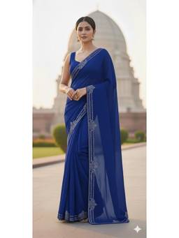 Nyri - New Trendy Stone Designer Saree with Unstitched Blouse - Navy Blue