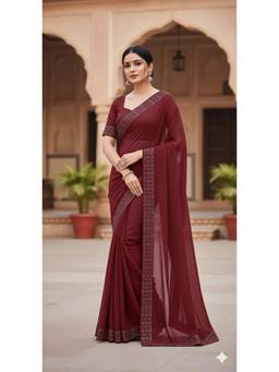 Nyri - New Trendy Stone Designer Saree with Unstitched Blouse - Maroon