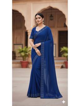 Nyri - New Trendy Stone Designer Saree with Unstitched Blouse - Navy Blue