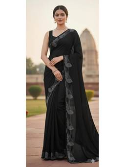 Nyri - New Trendy Stone Designer Saree with Unstitched Blouse - Black