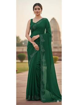 Nyri - New Trendy Stone Designer Saree with Unstitched Blouse - Green