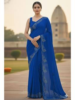 Nyri - New Trendy Stone Designer Saree with Unstitched Blouse - Navy Blue