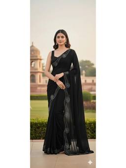Nyri - New Trendy Stone Designer Saree with Unstitched Blouse - Black