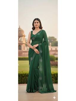 Nyri - New Trendy Stone Designer Saree with Unstitched Blouse - Green
