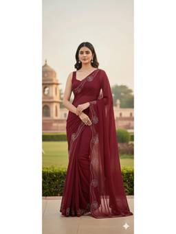 Nyri - New Trendy Stone Designer Saree with Unstitched Blouse - Maroon