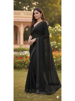 Nyri - New Trendy Stone Designer Saree with Unstitched Blouse - Black