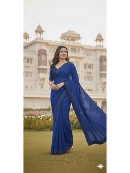Nyri - New Trendy Stone Designer Saree with Unstitched Blouse - Navy Blue