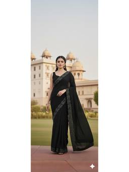 Nyri - New Trendy Stone Designer Saree with Unstitched Blouse - Black