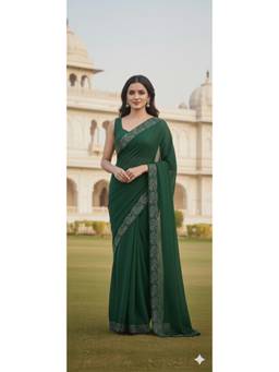 Nyri - New Trendy Stone Designer Saree with Unstitched Blouse - Green
