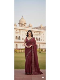 Nyri - New Trendy Stone Designer Saree with Unstitched Blouse - Maroon