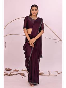 Nyri - New Trendy Stone Designer Saree with Unstitched Blouse - Wine