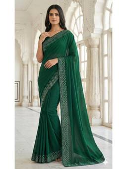 Nyri - New Trendy Stone Designer Saree with Unstitched Blouse - Green