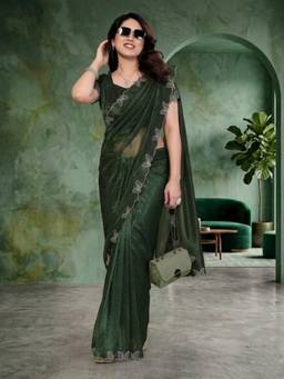 Nyri - New Trendy Stone Designer Saree with Unstitched Blouse - Green