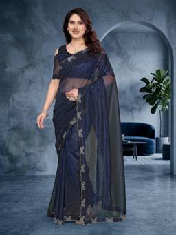 Nyri - New Trendy Stone Designer Saree with Unstitched Blouse - Navy Blue
