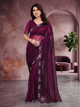 Nyri - New Trendy Stone Designer Saree with Unstitched Blouse - Wine