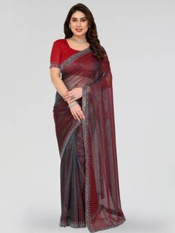 Nyri - New Trendy Stone Designer Saree with Unstitched Blouse - Maroon