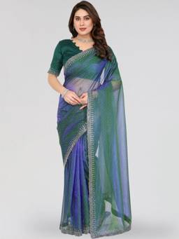 Nyri - New Trendy Stone Designer Saree with Unstitched Blouse - Teal