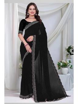 Nyri - New Trendy Stone Designer Saree with Unstitched Blouse - Black