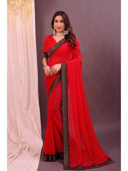 Nyri - New Trendy Stone Designer Saree with Unstitched Blouse - Red