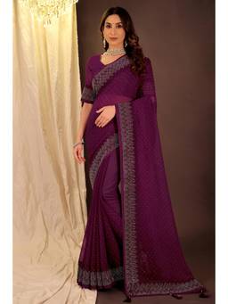 Nyri - New Trendy Stone Designer Saree with Unstitched Blouse - Wine