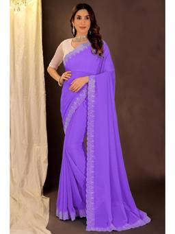 Nyri - New Trendy Stone Designer Saree with Unstitched Blouse - Lavender