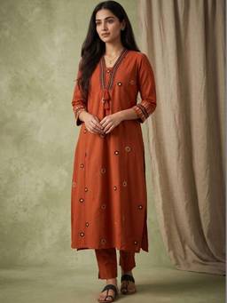 Gahan - Thread Embroidered Panelled Kurta with Pant - Rust