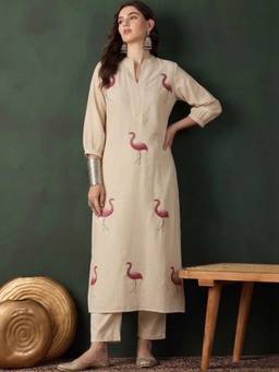 Gahan - Flamingo Embroidered Kurta Paired with Solid Pant - White