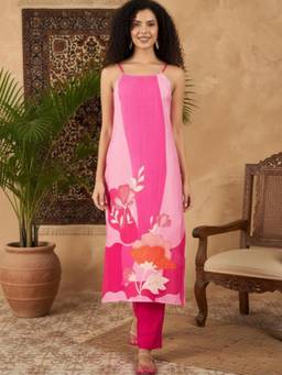 Gahan - Women Spaghetti Strap Straight Floral Kurta with Pant - Pink