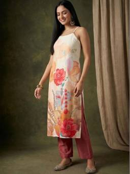 Gahan - Women Spaghetti Strap Straight Floral Kurta with Pant - Off White