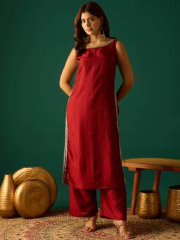 Gahan - Sleeveless Maroon Straight-Fit Kurta with Pant