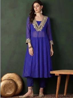 Gahan - Women Graceful Blue Anarkali Kurta Featuring Gota Patti With Solid Pant