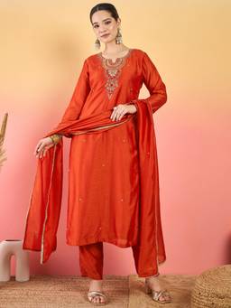 Gahan - A Gracefully Beaded Yoke Kurta Paired with Solid Pant and A Matching Dupatta - Orange