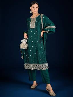 Gahan - Graceful Green Embroidered Kurta with Solid Pant And Embroidered Dupatta