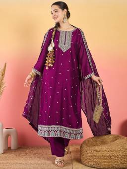 Gahan - Vichitra Bead-Embellished Round Neck Kurta with Solid Pant and Dupatta - Wine