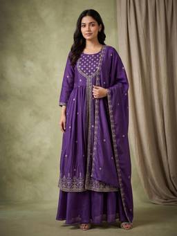 Gahan - Embroidered Yoke Kurta Paired with Palazzo and Dupatta - Purple