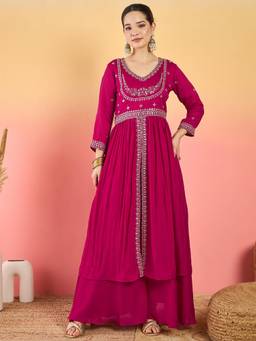 Gahan - Embroidered Yoke Kurta Paired with Palazzo and Dupatta - Pink
